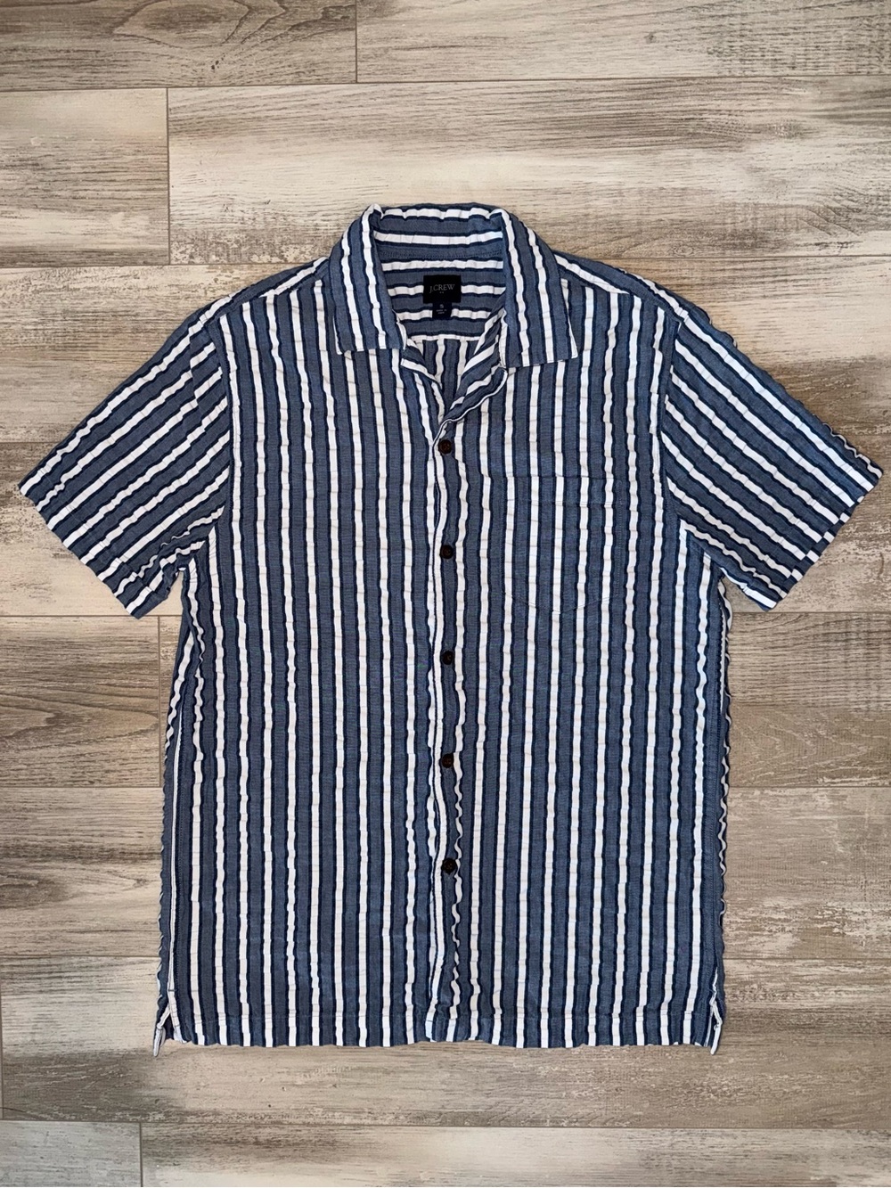 J. Crew Camp Collar Button Front Shirt Blue White Textured Stripe Resort Coastal